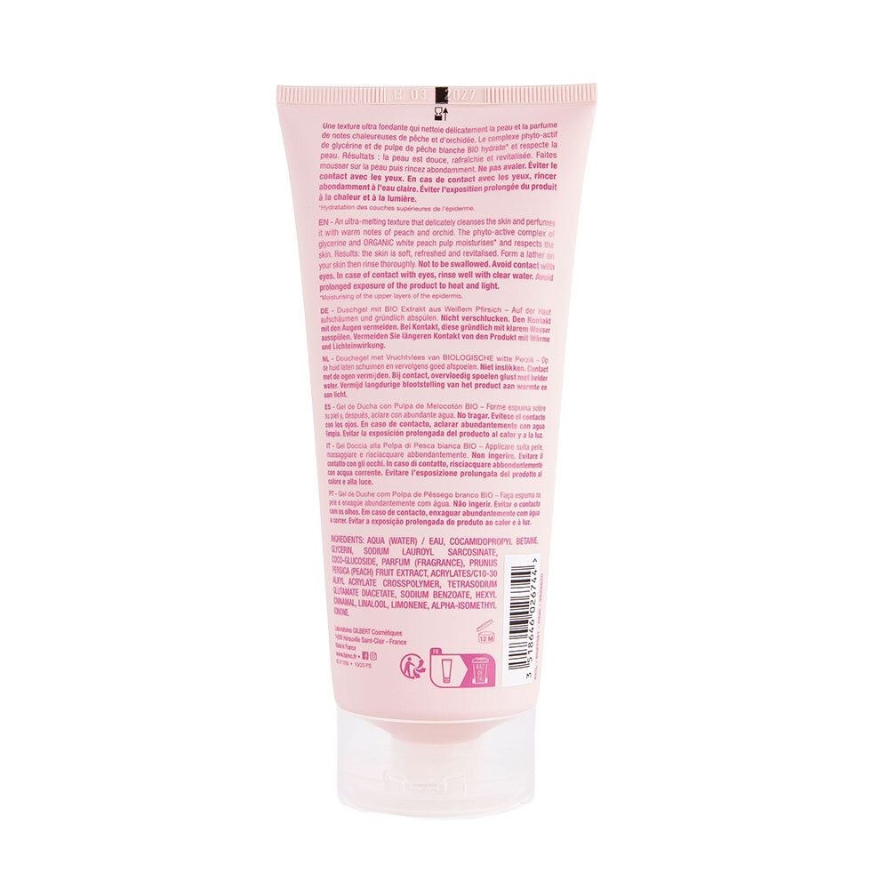 Rückseite einer rosa Tube mit Produktinformationen und Inhaltsstoffen. Transparenter Verschluss.