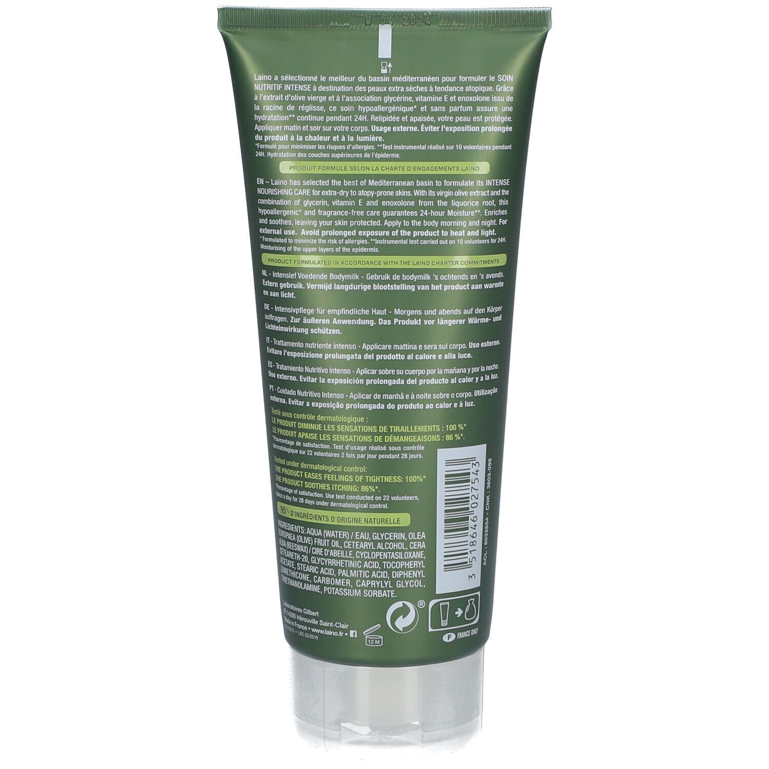 Grüne Tube mit silbernem Verschluss. Text auf der Tube. Produktinformationen und Inhaltsstoffe.