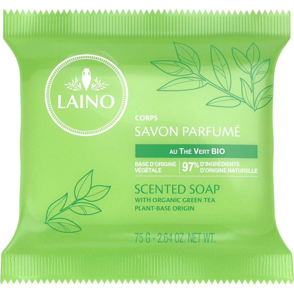 Grüne Seife in Verpackung. Aufdruck: Laino, Savon Parfumé, Thé Vert Bio, 97% Inhaltsstoffe natürlichen Ursprungs.