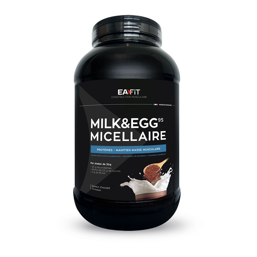 Schwarze Dose mit Aufschrift MILK&EGG95 MICELLAIRE. Marke EA FIT. Proteinpulver für Muskelaufbau.
