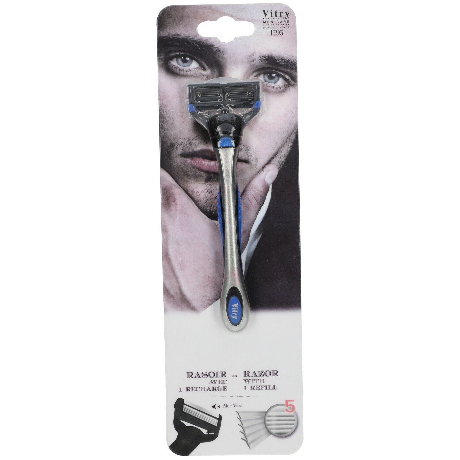 Rasierer mit 1 Ersatzklinge in Blisterverpackung. Der Griff ist silberfarben mit blauen Akzenten. Marke Vitry.