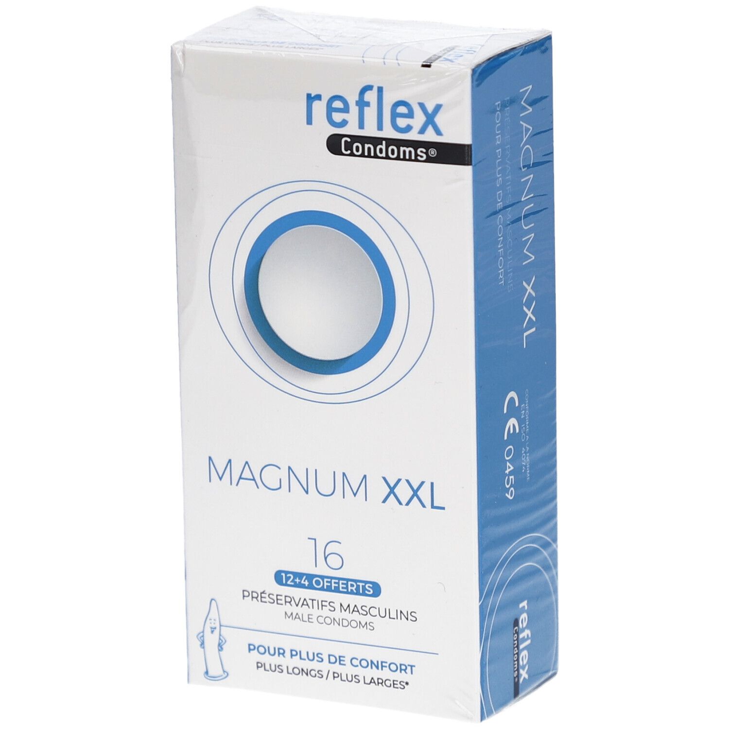 Verpackung von Reflex Magnum XXL Kondomen. 16 Stück. Blaue und weiße Verpackung mit Produktnamen und Logo.