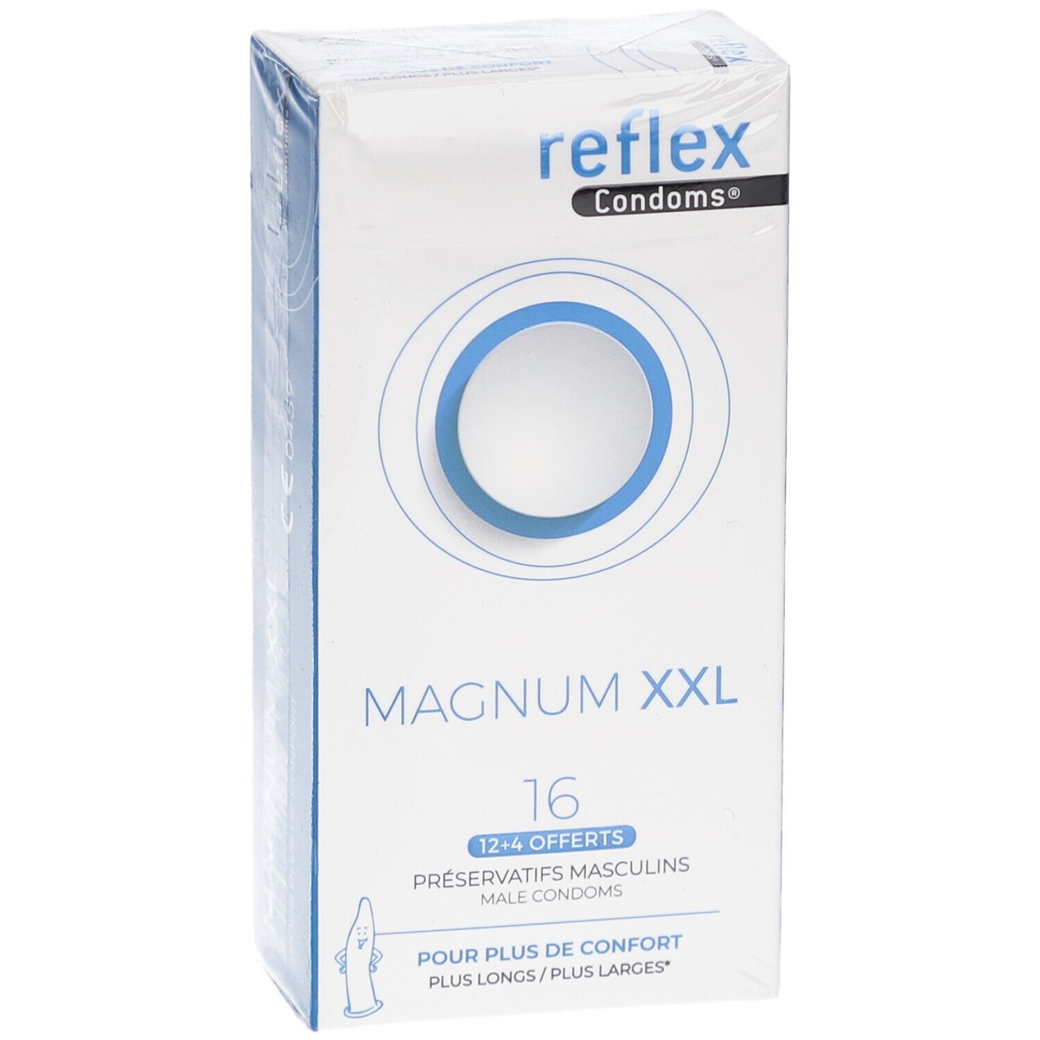 Schrägansicht der Verpackung von Reflex Magnum XXL Kondomen. Produktname und Logo auf der Verpackung.