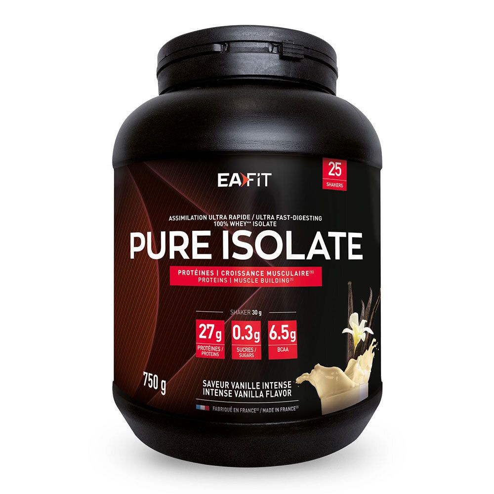 Schwarze Dose mit EA Fit Pure Isolate Vanille. 750g. Enthält 27g Proteine, 0,3g Zucker, 6,5g BCAAs. 25 Portionen.