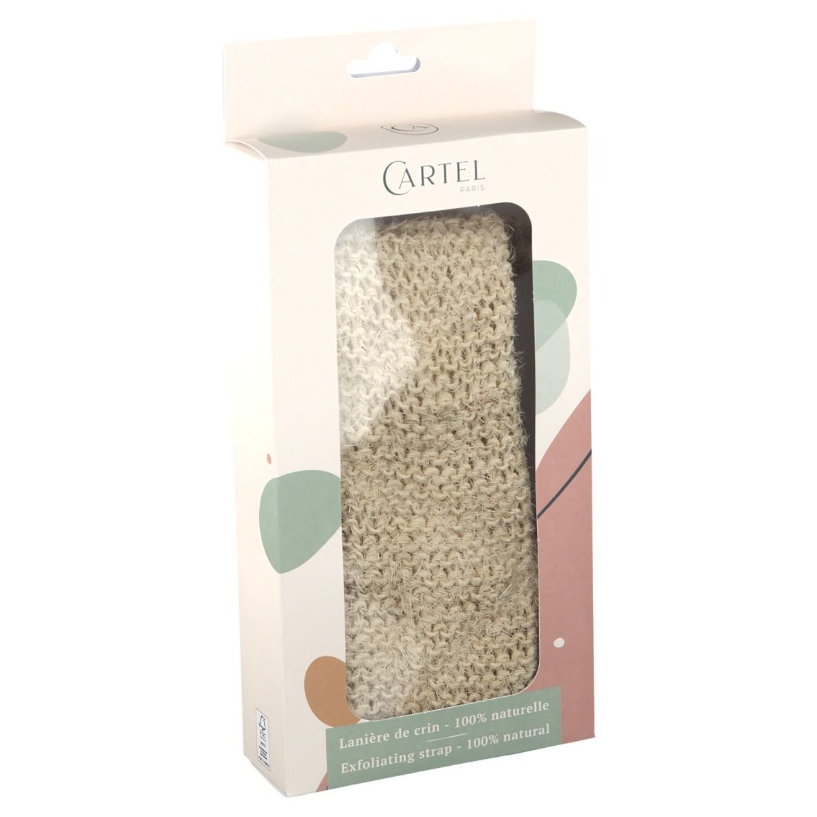 Verpackung mit Sichtfenster. Innen ein beiges, gewebtes Produkt. Oben steht CARTEL. Text: Lanière de crin - 100% naturelle.