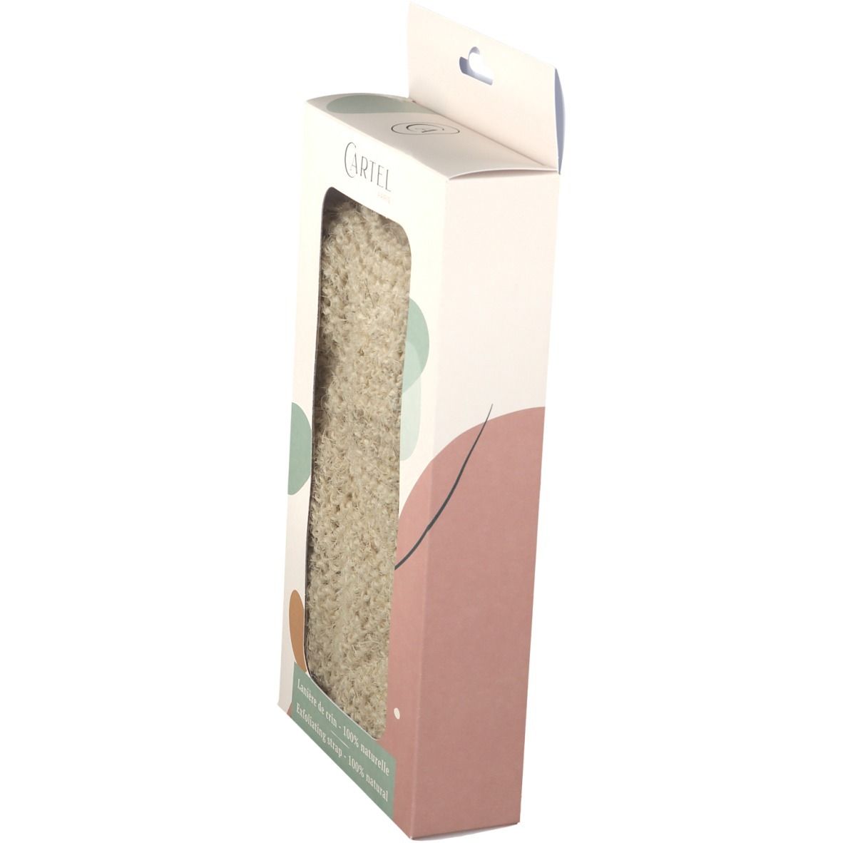 Seitenansicht der Verpackung. Beige gewebtes Produkt durch Fenster sichtbar. CARTEL-Logo. Text: Lanière de crin - 100% naturelle.