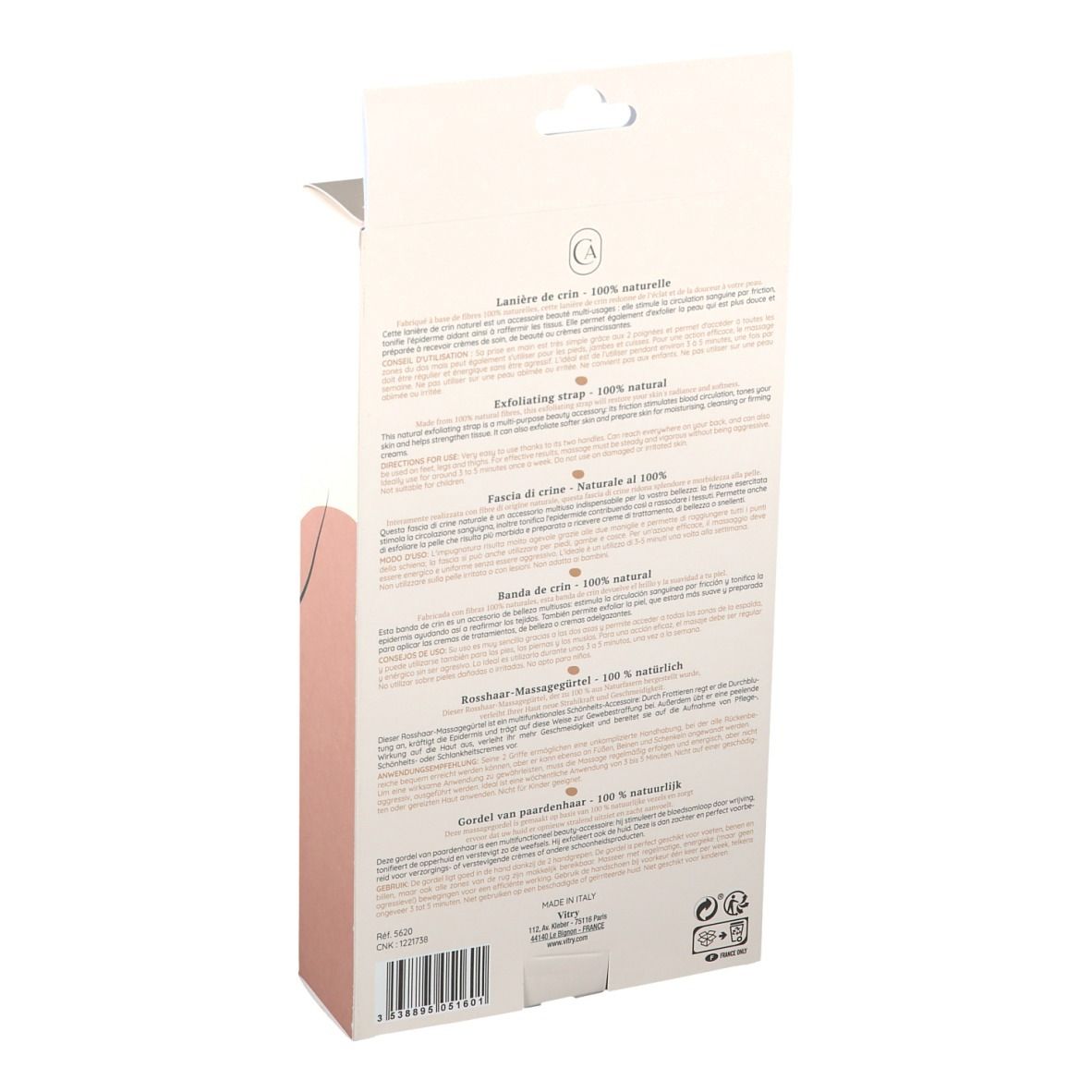 Rückseite der Verpackung. Text in mehreren Sprachen. Logo. Informationen zu Inhaltsstoffen und Herkunft.