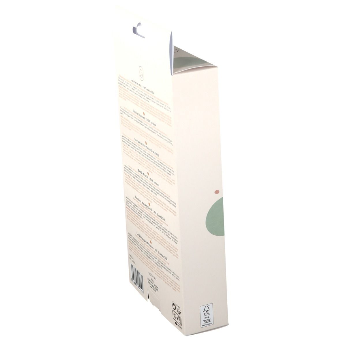 Seitenansicht der Verpackung. Text in mehreren Sprachen. Logo. Informationen zu Inhaltsstoffen und Herkunft.
