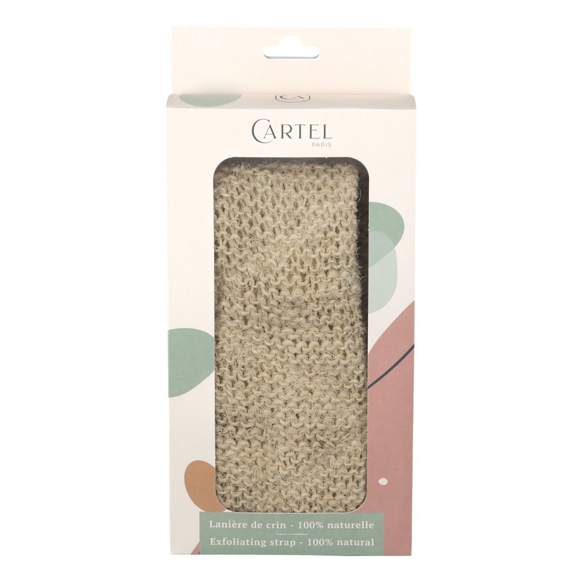 Verpackung mit Sichtfenster. Innen ein beiges, gewebtes Produkt. Oben steht CARTEL. Text: Lanière de crin - 100% naturelle.