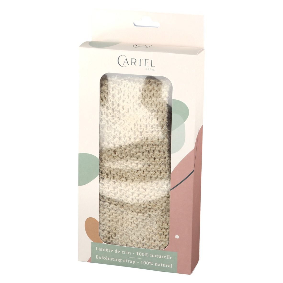 Verpackung mit Sichtfenster. Innen ein beiges, gewebtes Produkt mit Streifen. Oben steht CARTEL. Text: Lanière de crin.