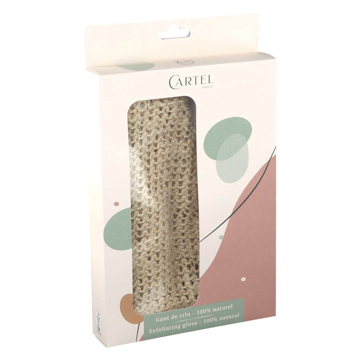 Verpackung mit CARTEL Rosshaarhandschuh. Beige Handschuh durch Fenster sichtbar. Text: Gant de crin - 100% naturel, Exfoliating glove - 100% natural.