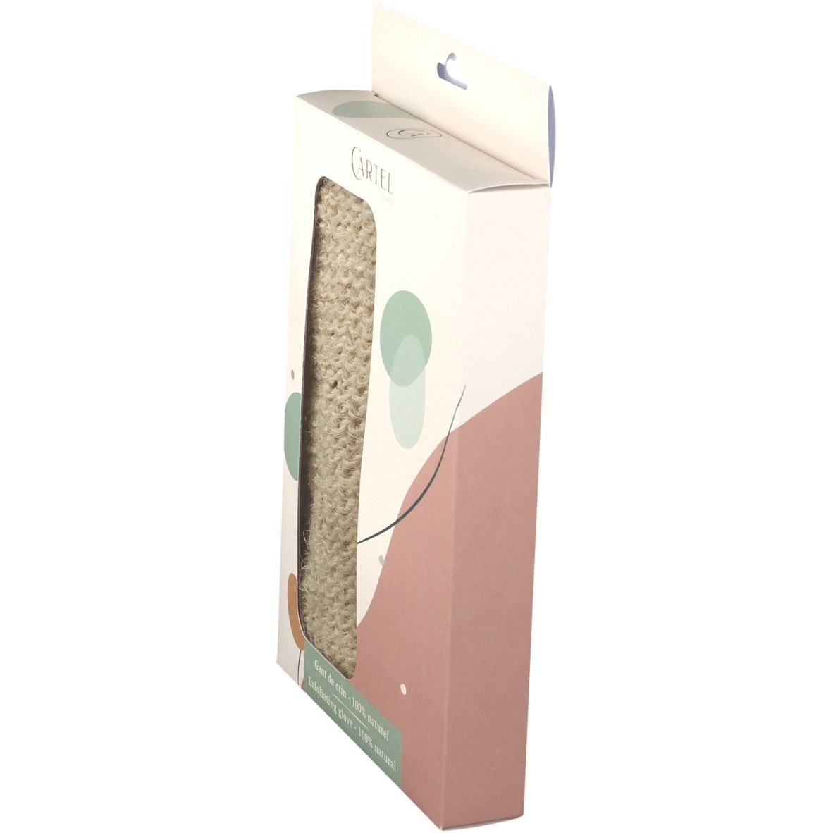 Seitenansicht der Verpackung mit CARTEL Rosshaarhandschuh. Beige Handschuh durch Fenster sichtbar. Verpackung mit Aufhänger.