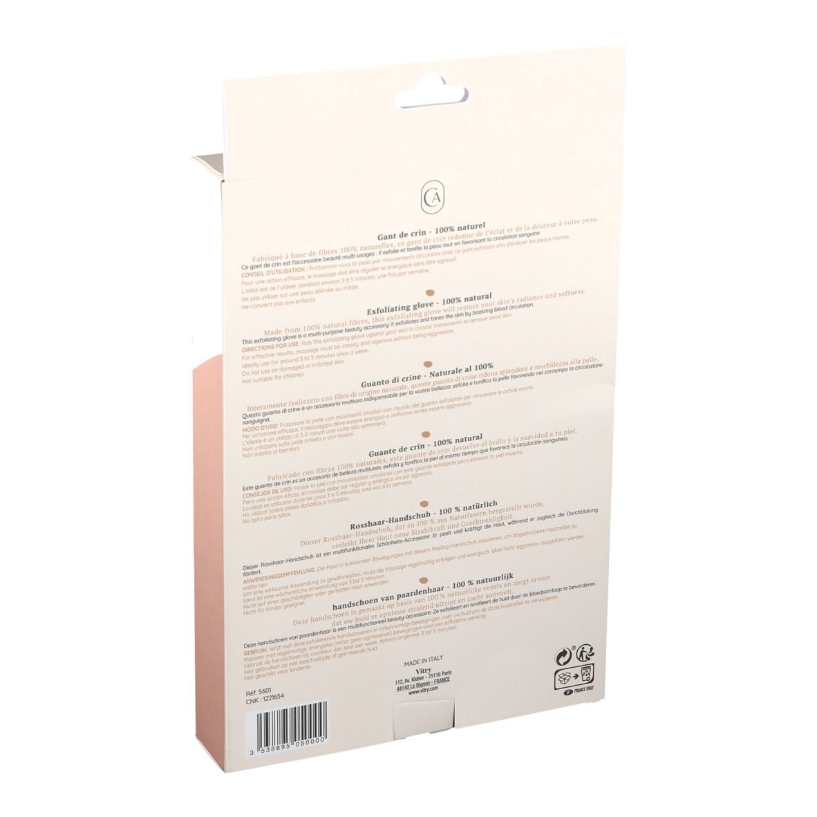 Rückseite der Verpackung mit Text in mehreren Sprachen. Enthält Informationen über den Rosshaarhandschuh und seine Eigenschaften.