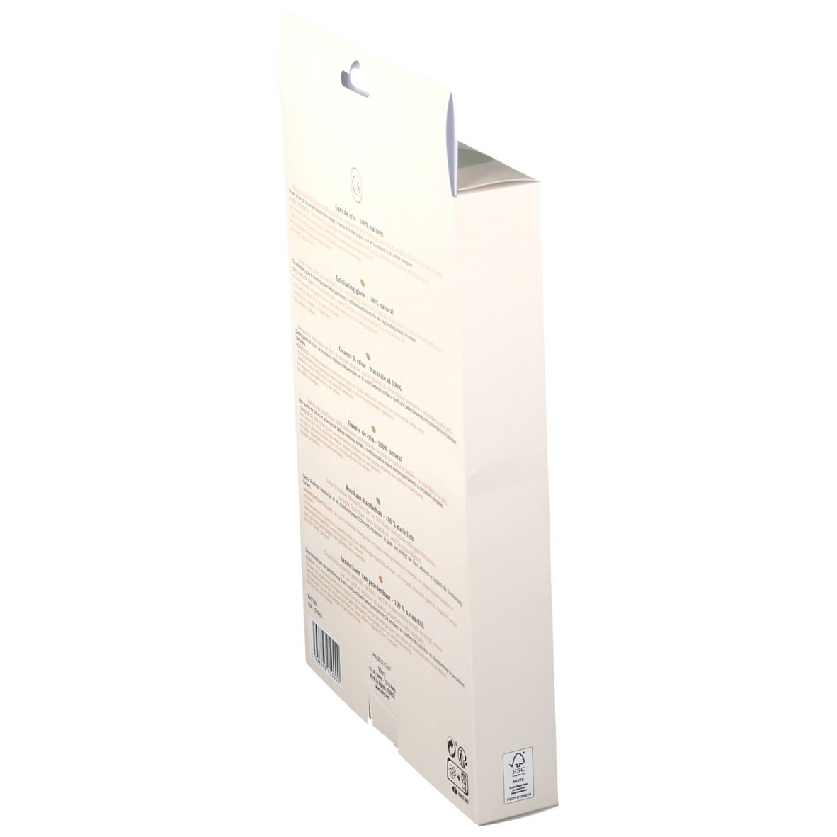Seitenansicht der Verpackung mit Text in mehreren Sprachen. Enthält Informationen über den Rosshaarhandschuh und seine Eigenschaften.