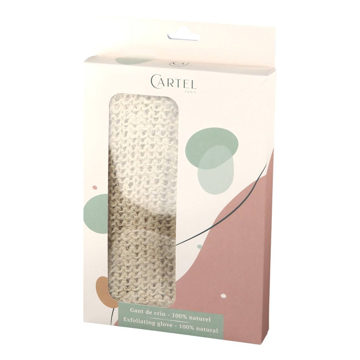 Verpackung mit CARTEL Rosshaarhandschuh. Beige Handschuh durch Fenster sichtbar. Text: Gant de crin - 100% naturel, Exfoliating glove - 100% natural.