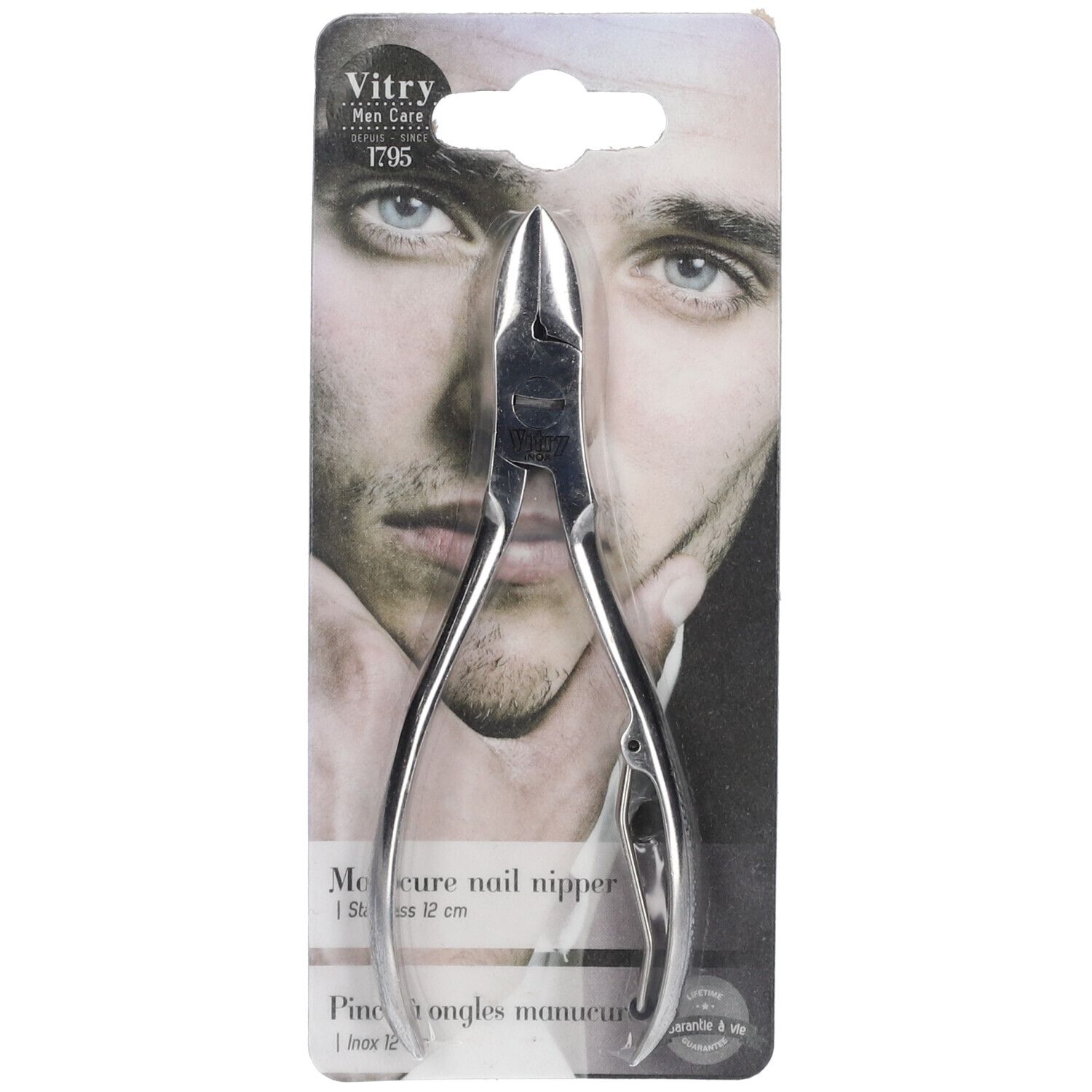 Nagelzange aus Edelstahl, verpackt. Auf der Verpackung ist das Vitry-Logo und ein Mann abgebildet. Die Zange ist silberfarben.
