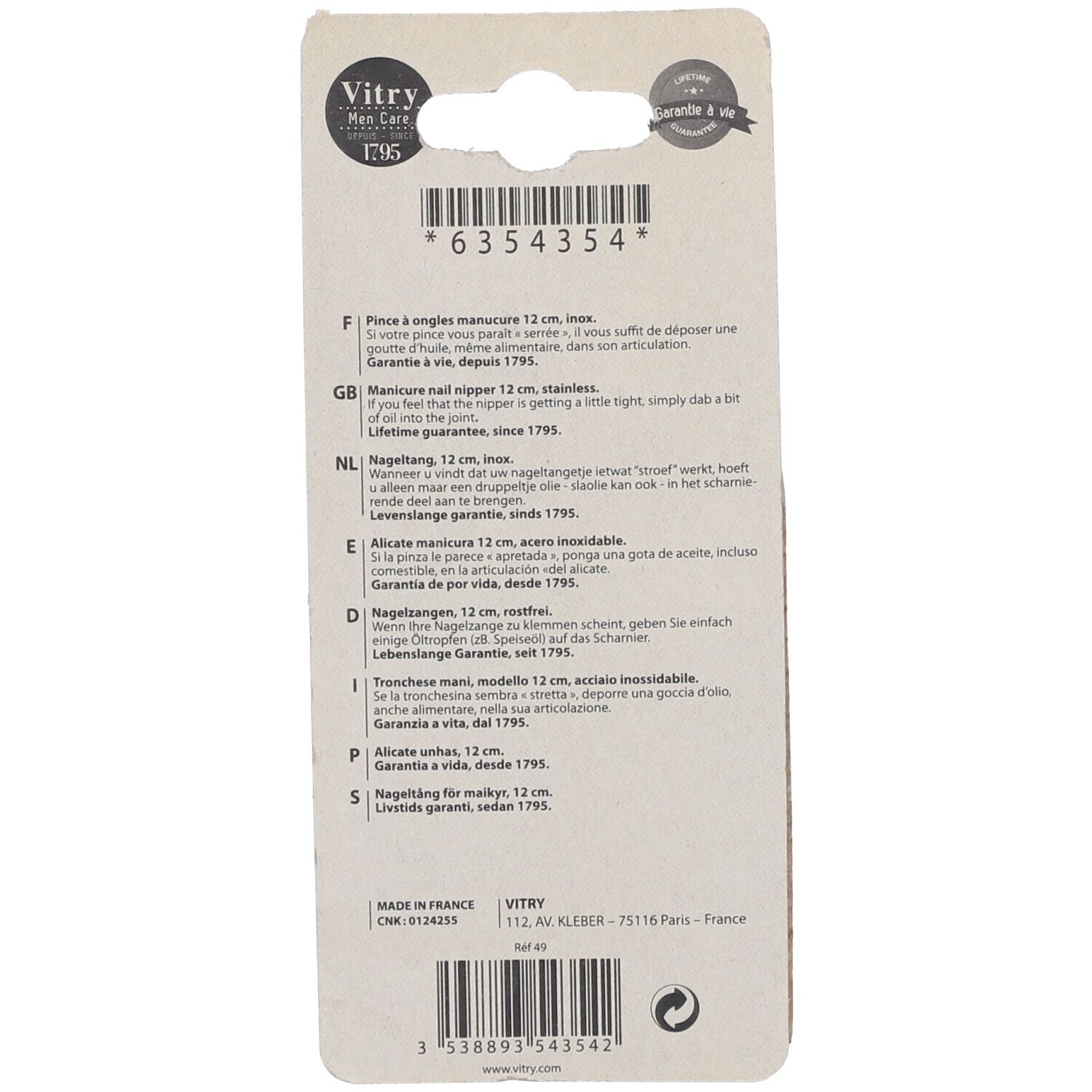 Rückseite der Nagelzangen-Verpackung. Text in mehreren Sprachen, darunter Deutsch, Französisch, Italienisch und Niederländisch. Vitry-Logo.