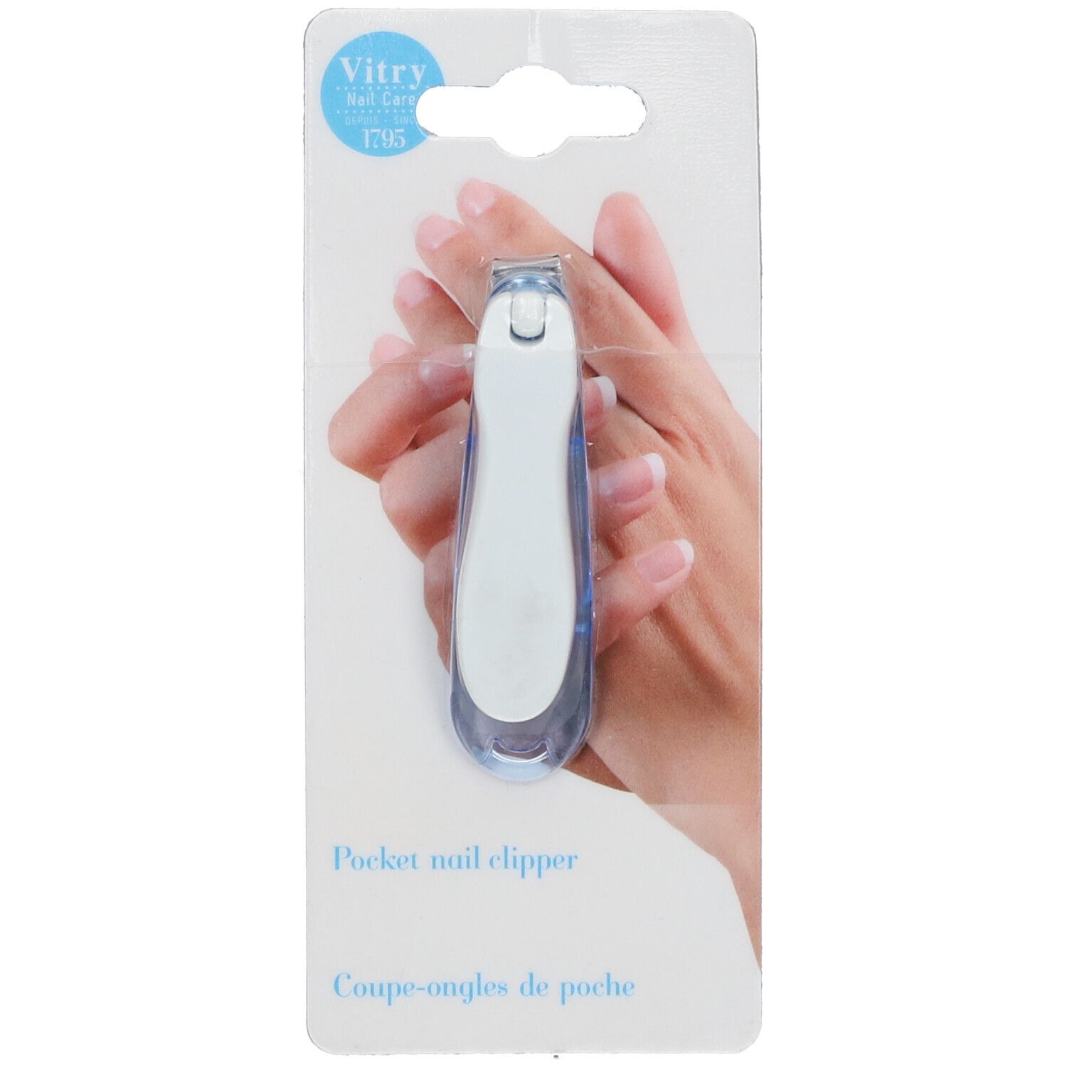 Nagelknipser in transparentem Kunststoffgehäuse. Auf Blisterkarte mit Produktname und Marke Vitry. Gezeigt in Anwendung.