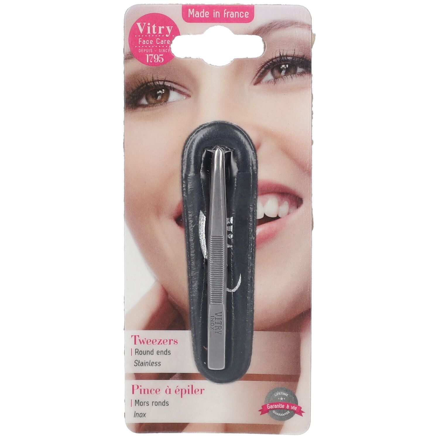 Pinzette aus Edelstahl in schwarzer Hülle. Auf der Verpackung steht "Vitry Face Care". Die Pinzette hat runde Spitzen.