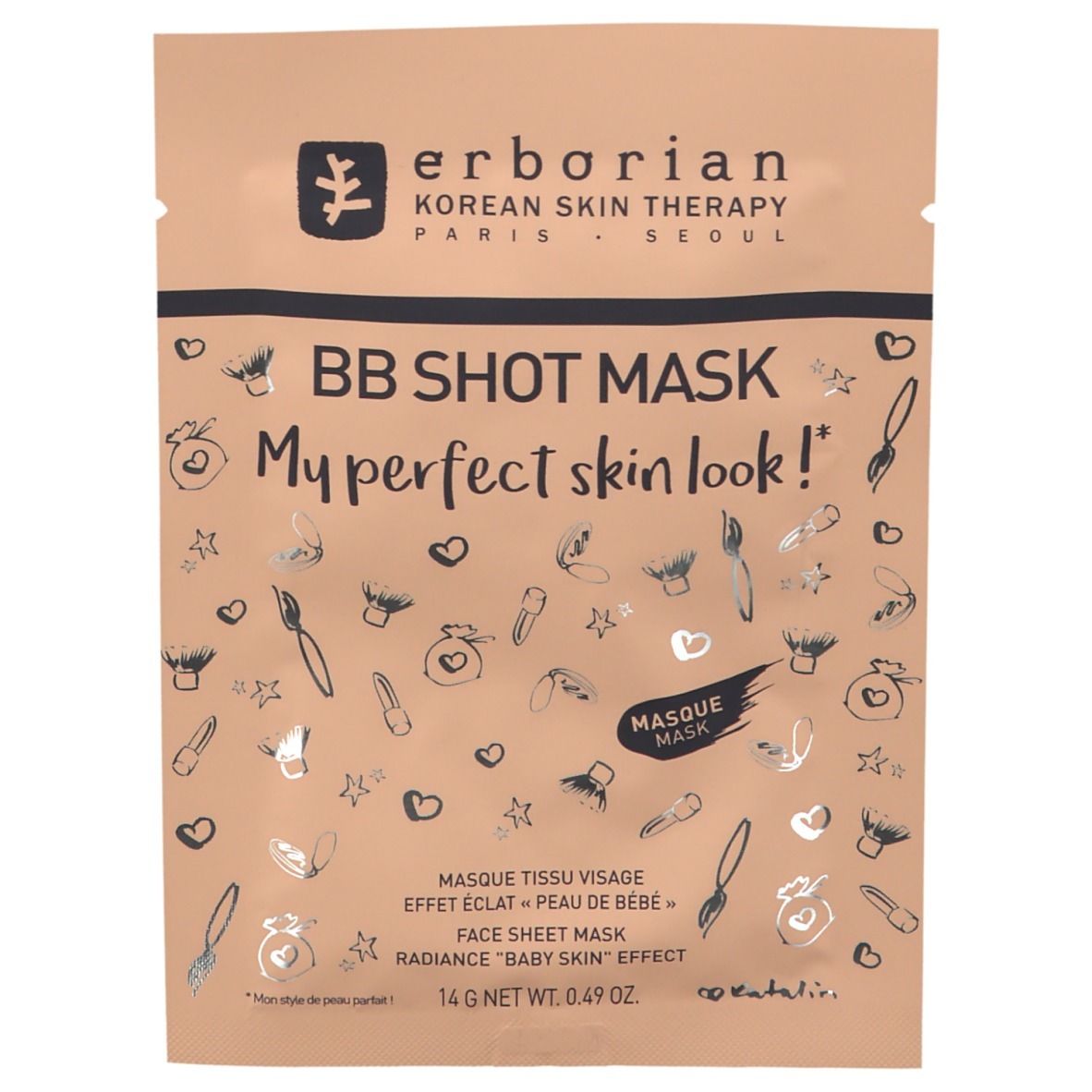 Erborian BB Shot Mask. Beutel mit Produktinformationen. Aufschrift: BB Shot Mask, Masque tissu visage, 14 g.