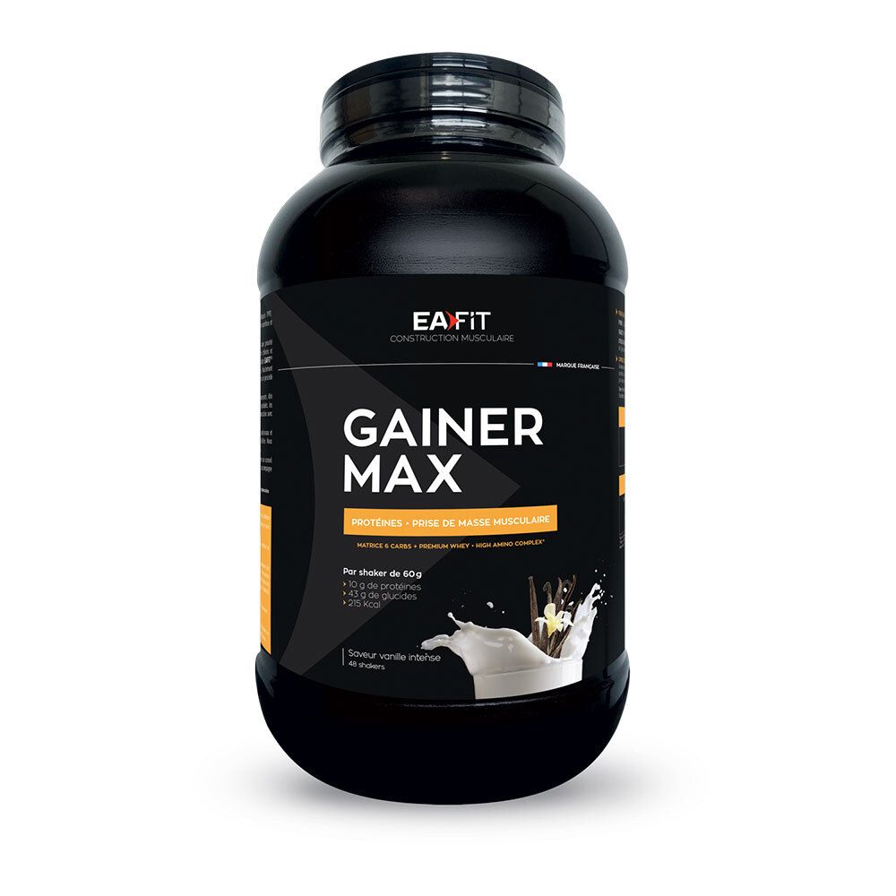 Schwarze Dose EAFIT Gainer Max Vanille. Produktname und Logo deutlich sichtbar. Milchspritzer mit Vanilleschote.