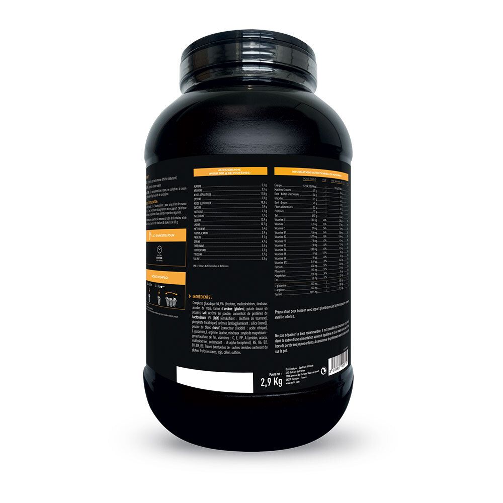 Rückseite der schwarzen Dose EAFIT Gainer Max. Nährwertangaben und Zutatenliste. Gewicht: 2,9 kg.
