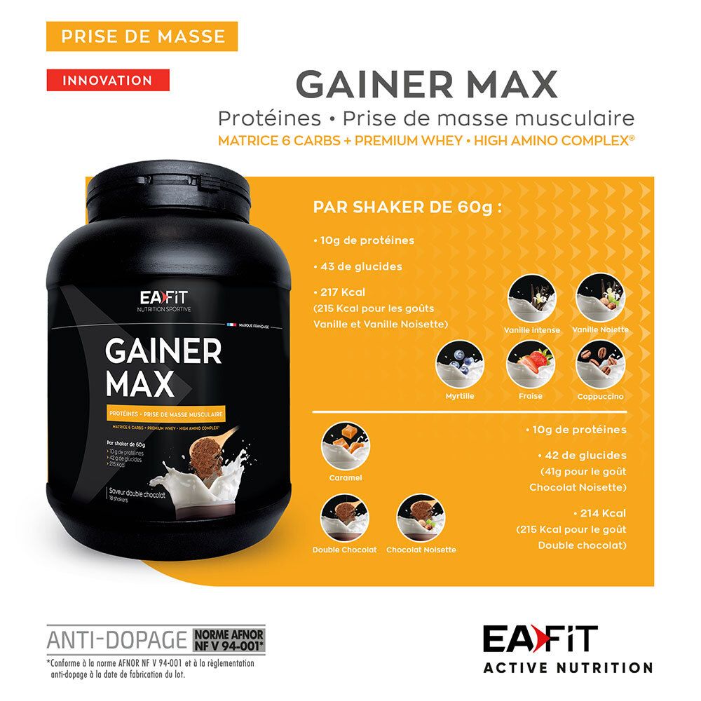EAFIT Gainer Max Dose mit Produktinformationen. Verschiedene Geschmacksrichtungen abgebildet. Anti-Doping-Zertifizierung.