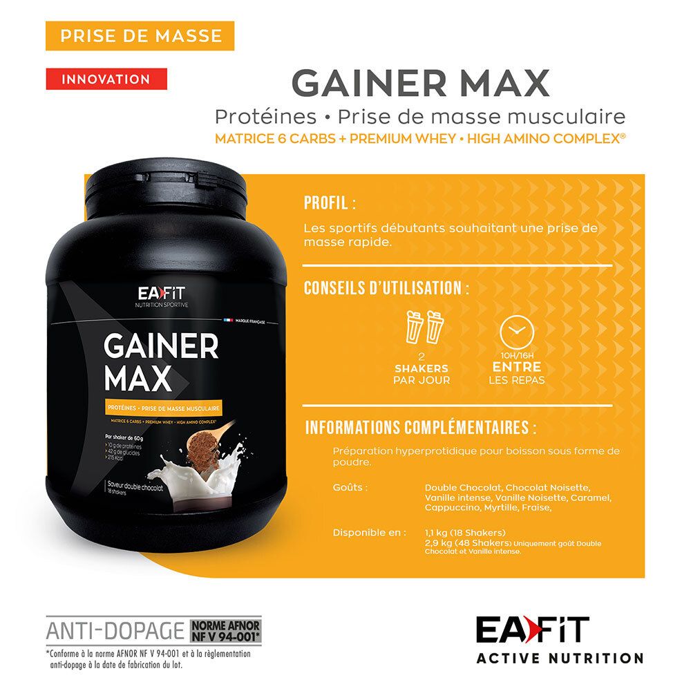 EAFIT Gainer Max Dose mit Produktinformationen. Dosierungsempfehlungen. Geschmacksrichtungen und Inhaltsstoffe.