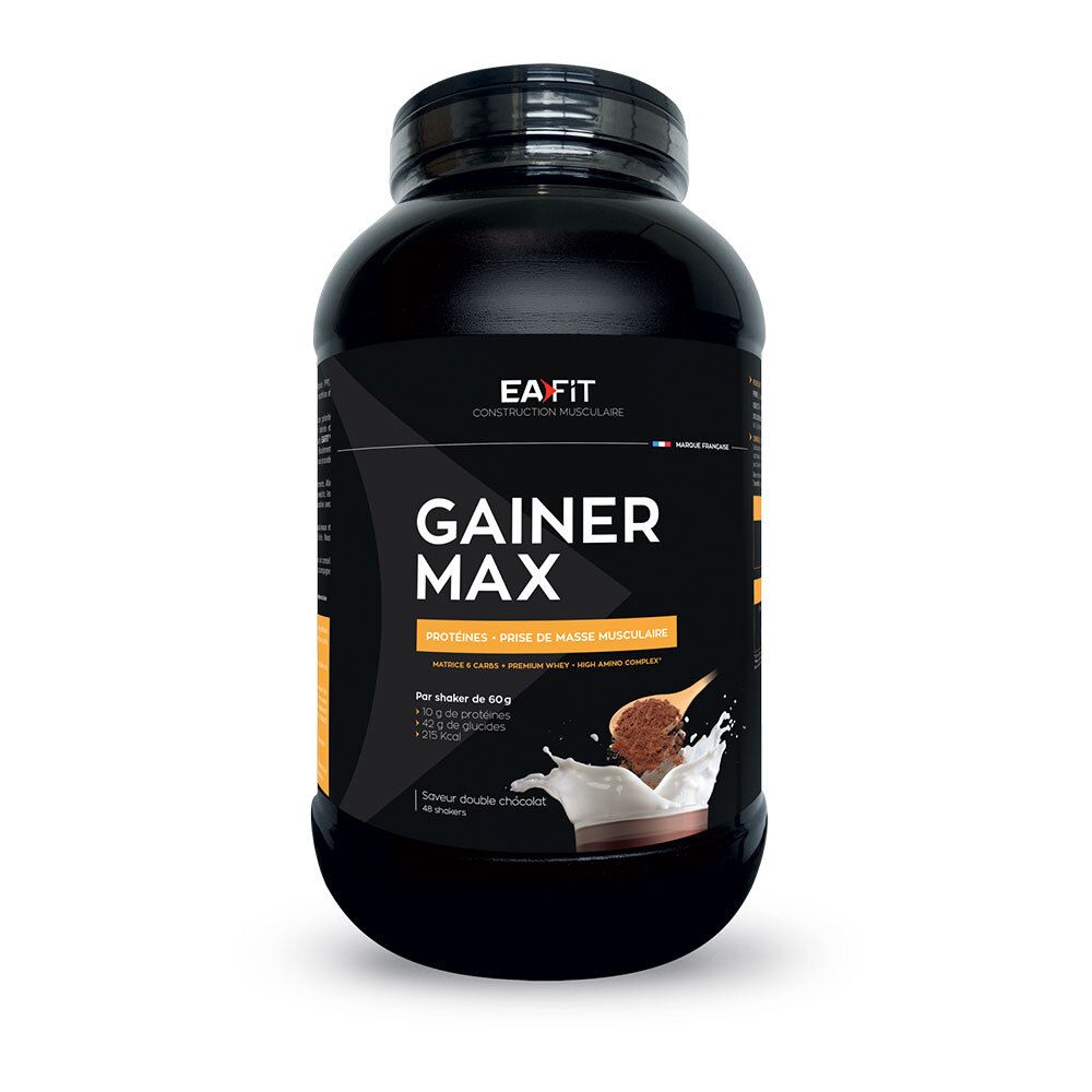 Schwarze Dose mit EA Fit Gainer Max. Aufschrift: Gainer Max, Double Chocolat. Abbildung von Milch und Schokoladenpulver.
