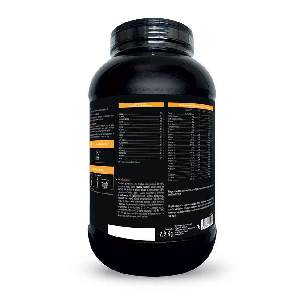 Rückseite einer schwarzen Dose EA Fit Gainer Max. Enthält Nährwertangaben und Zutatenliste. Gewicht: 2,9 kg.