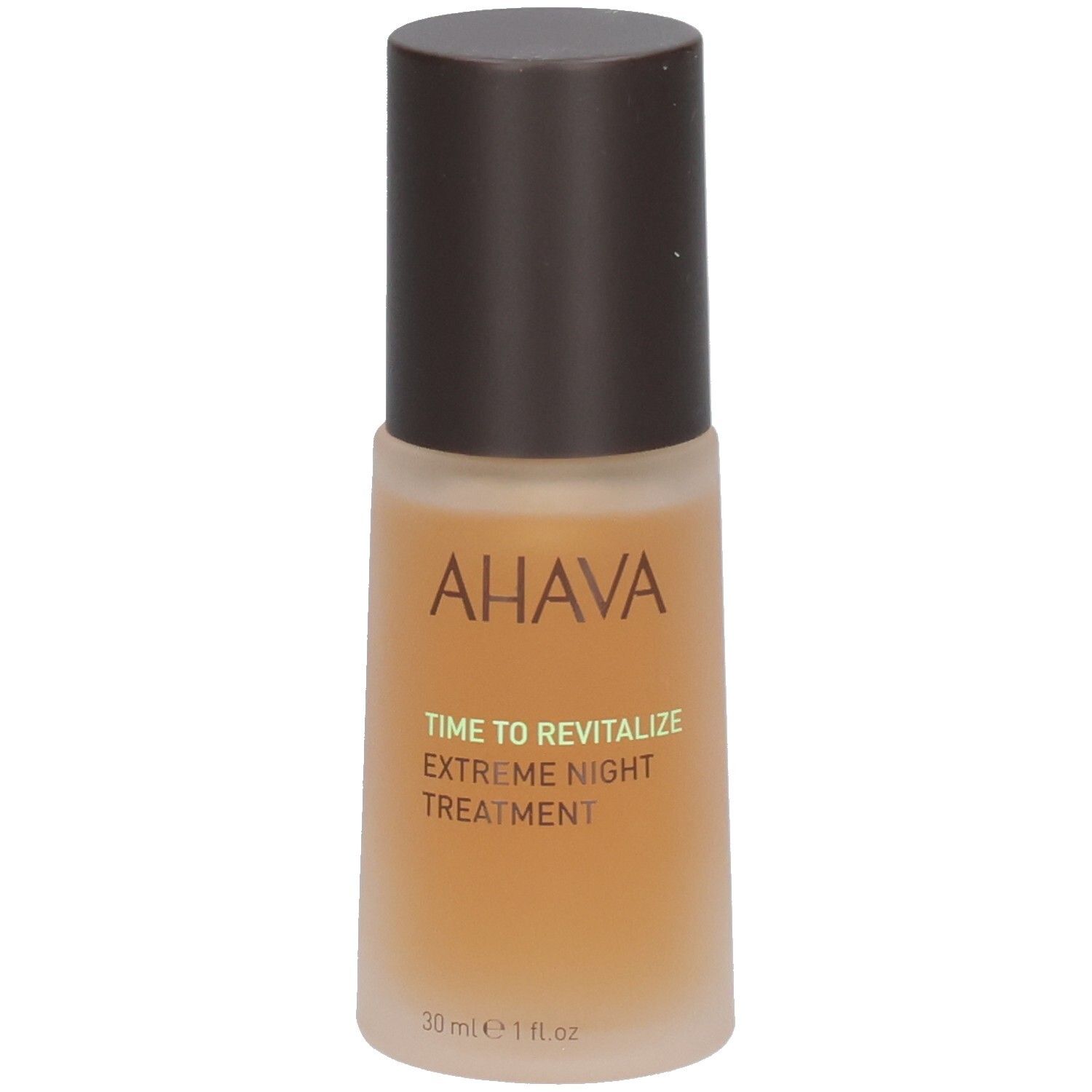 Braune Flasche mit braunem Deckel. Aufschrift AHAVA, TIME TO REVITALIZE, EXTREME NIGHT TREATMENT. 30 ml.