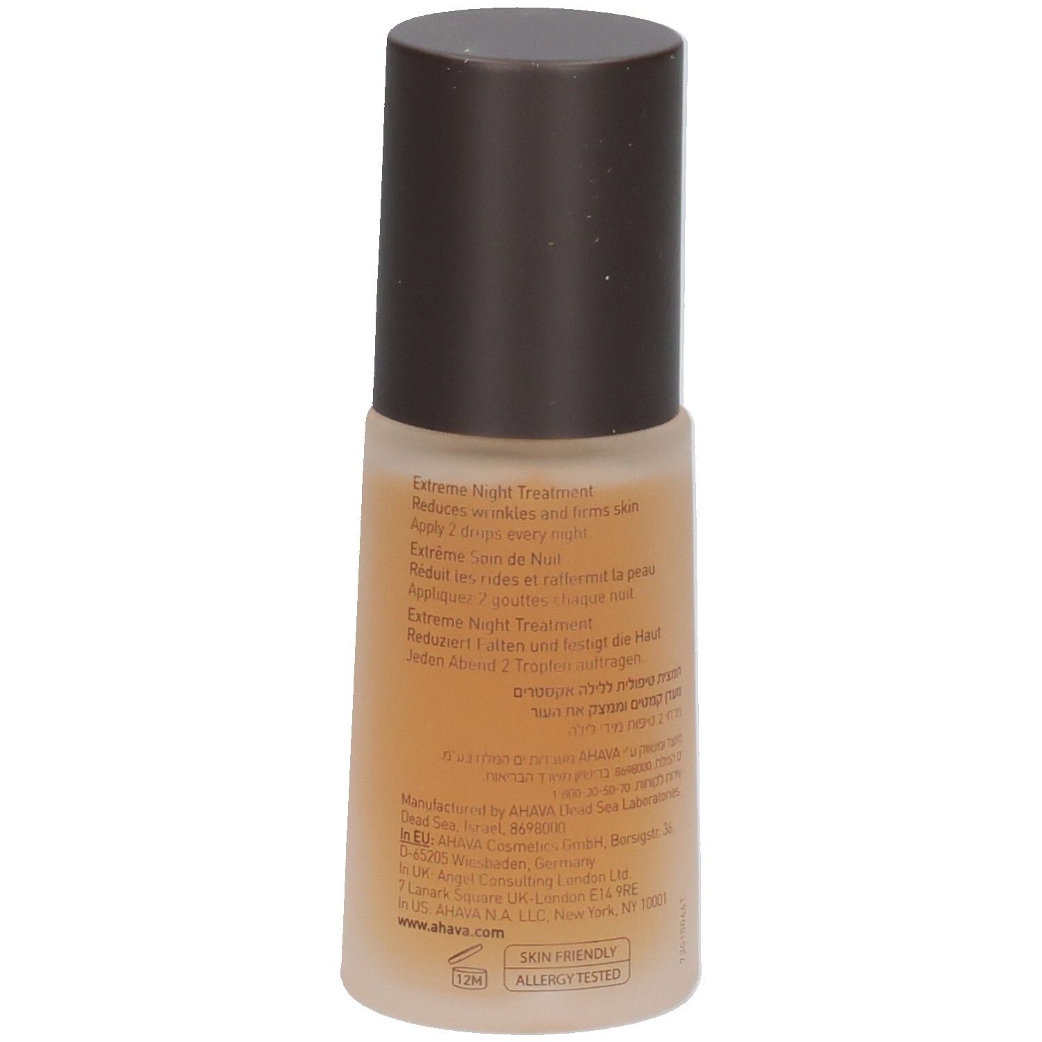 Braune Flasche mit braunem Deckel. Aufschrift AHAVA, TIME TO REVITALIZE, EXTREME NIGHT TREATMENT. Rückseite mit Text.