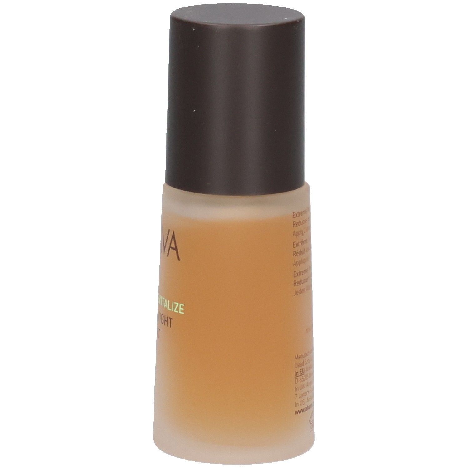 Braune Flasche mit braunem Deckel. Aufschrift AHAVA, TIME TO REVITALIZE, EXTREME NIGHT TREATMENT. Rückseite mit Text.