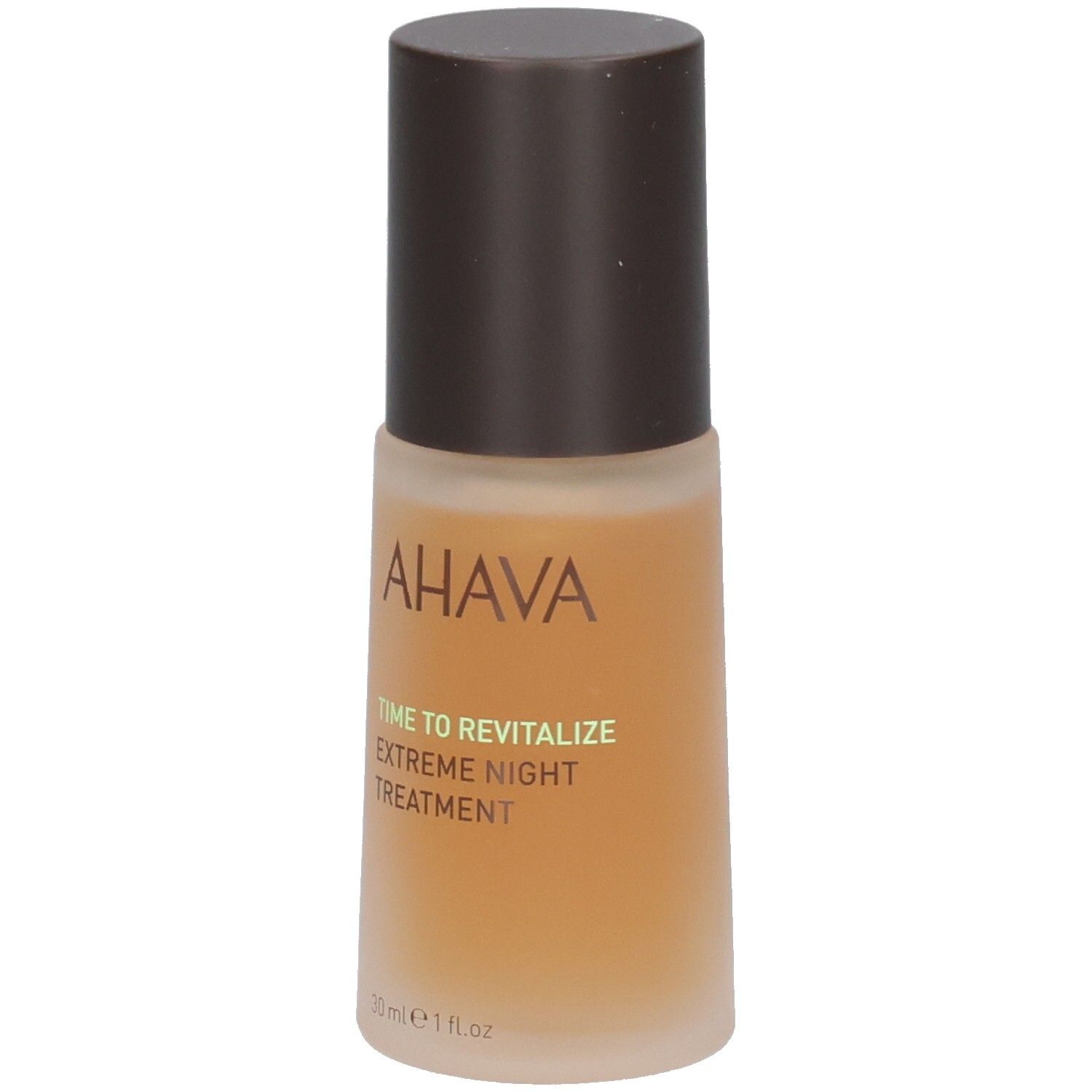 Braune Flasche mit braunem Deckel. Aufschrift AHAVA, TIME TO REVITALIZE, EXTREME NIGHT TREATMENT. 30 ml.