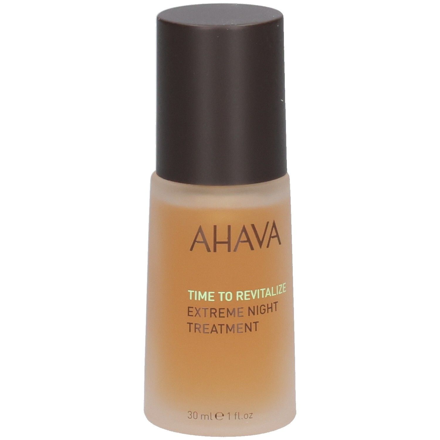 Braune Flasche mit braunem Deckel. Aufschrift AHAVA, TIME TO REVITALIZE, EXTREME NIGHT TREATMENT. 30 ml.