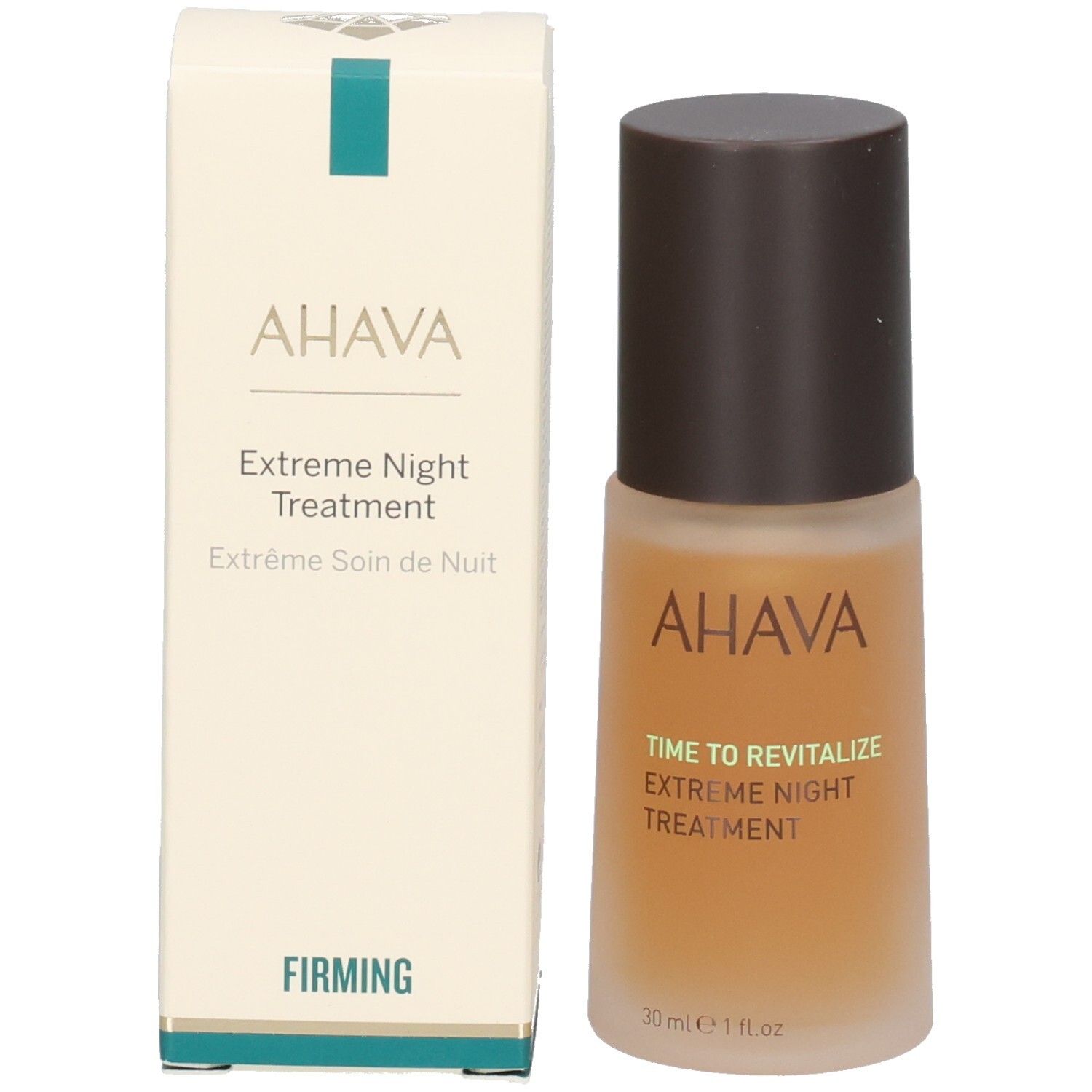 Produktflasche und Verpackung. Aufschrift AHAVA, Extreme Night Treatment. Verpackung mit Logo und Text.