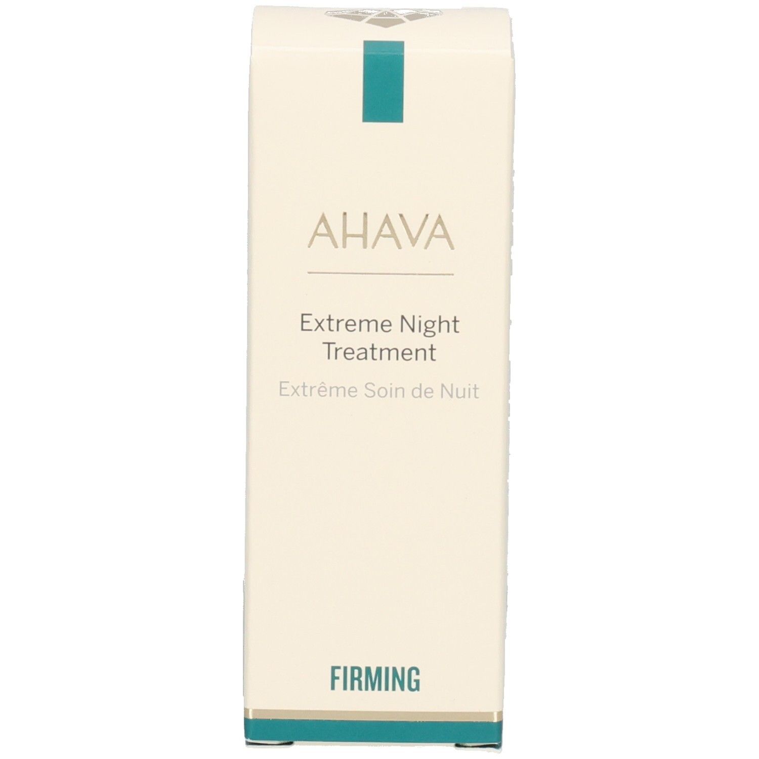Verpackung mit Logo und Text. Aufschrift AHAVA, Extreme Night Treatment. Weiß mit blauem Akzent.