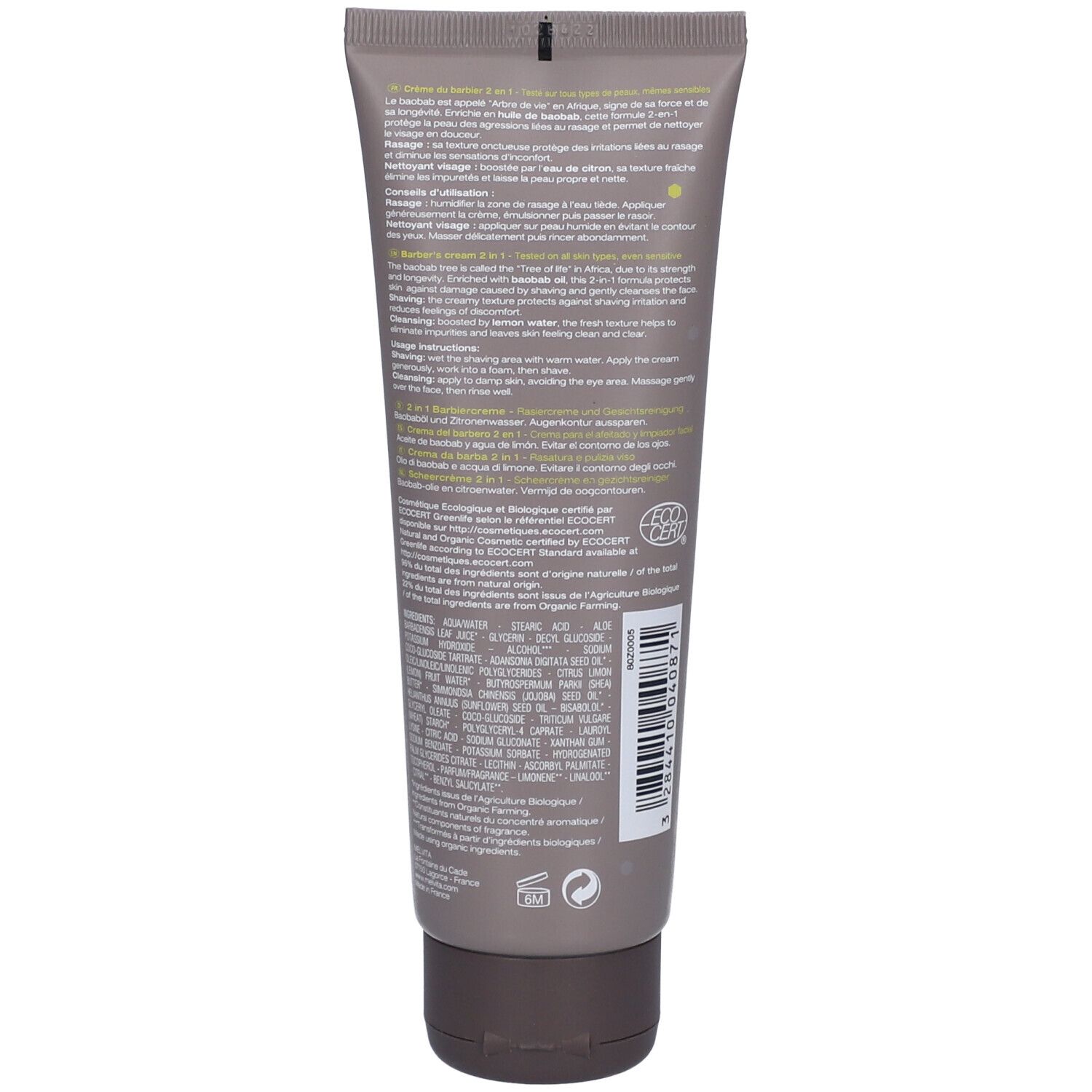 Graue Tube mit Text und Barcode. ECOCERT-Zertifizierung. Brauner Deckel. Produktname nicht sichtbar.