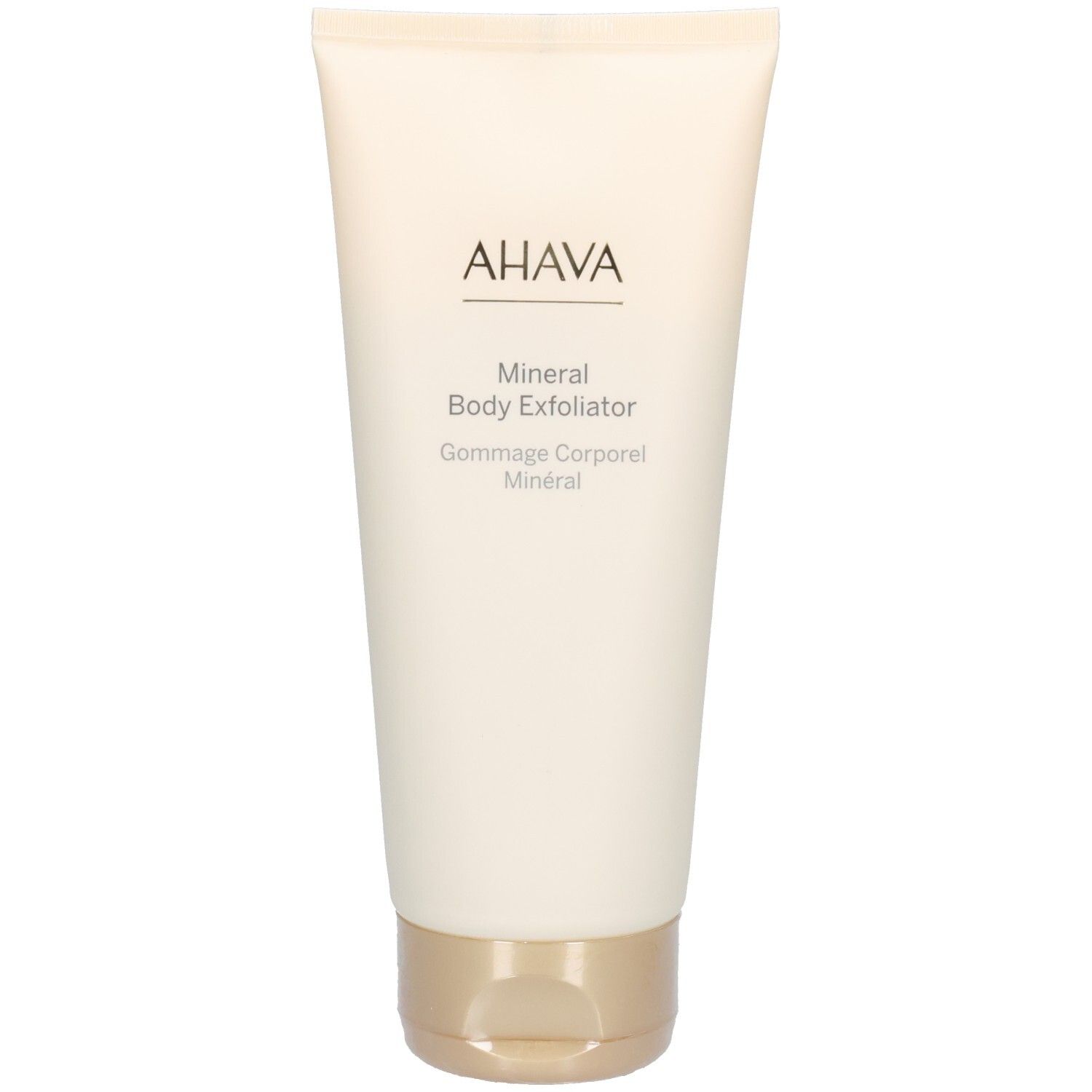 Beige Tube mit goldfarbenem Verschluss. Aufschrift: AHAVA, Mineral Body Exfoliator, Gommage Corporel Minéral.