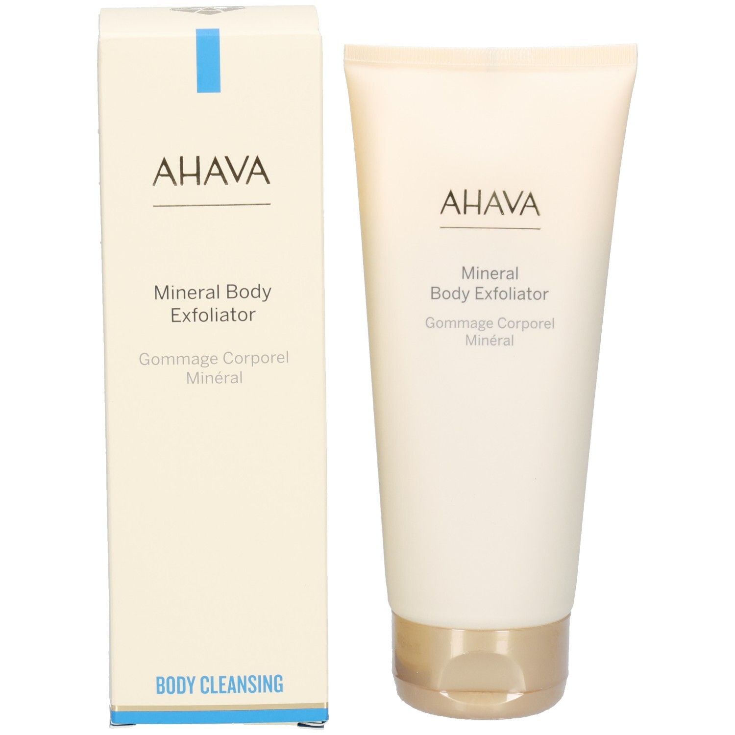 Produkt und Verpackung. Tube und Schachtel. Aufschrift: AHAVA, Mineral Body Exfoliator, Body Cleansing.