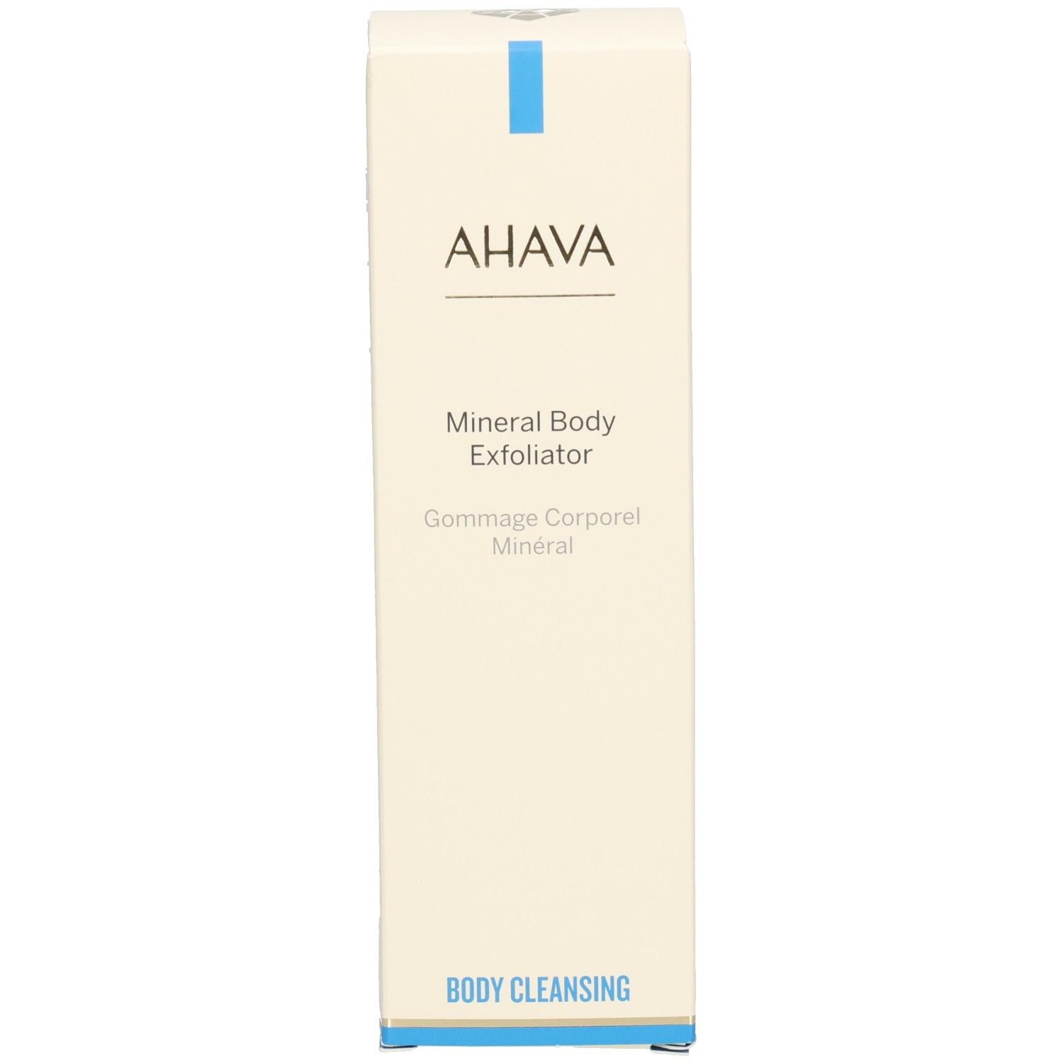 Schachtel. Aufschrift: AHAVA, Mineral Body Exfoliator, Body Cleansing. Blaue Linie oben und unten.