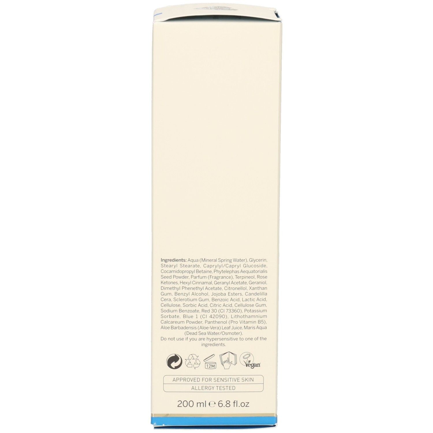 Schachtel. Inhaltsstoffe, Volumen: 200 ml. Allergiegetestet. Vegan-Siegel. Blaue Linie unten.
