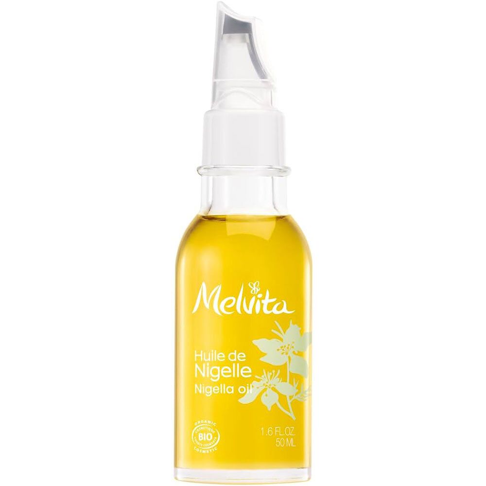 Gelbliche Flüssigkeit in einer Glasflasche mit Sprühkopf. Aufschrift Melvita, Huile de Nigelle, Bio-Siegel.