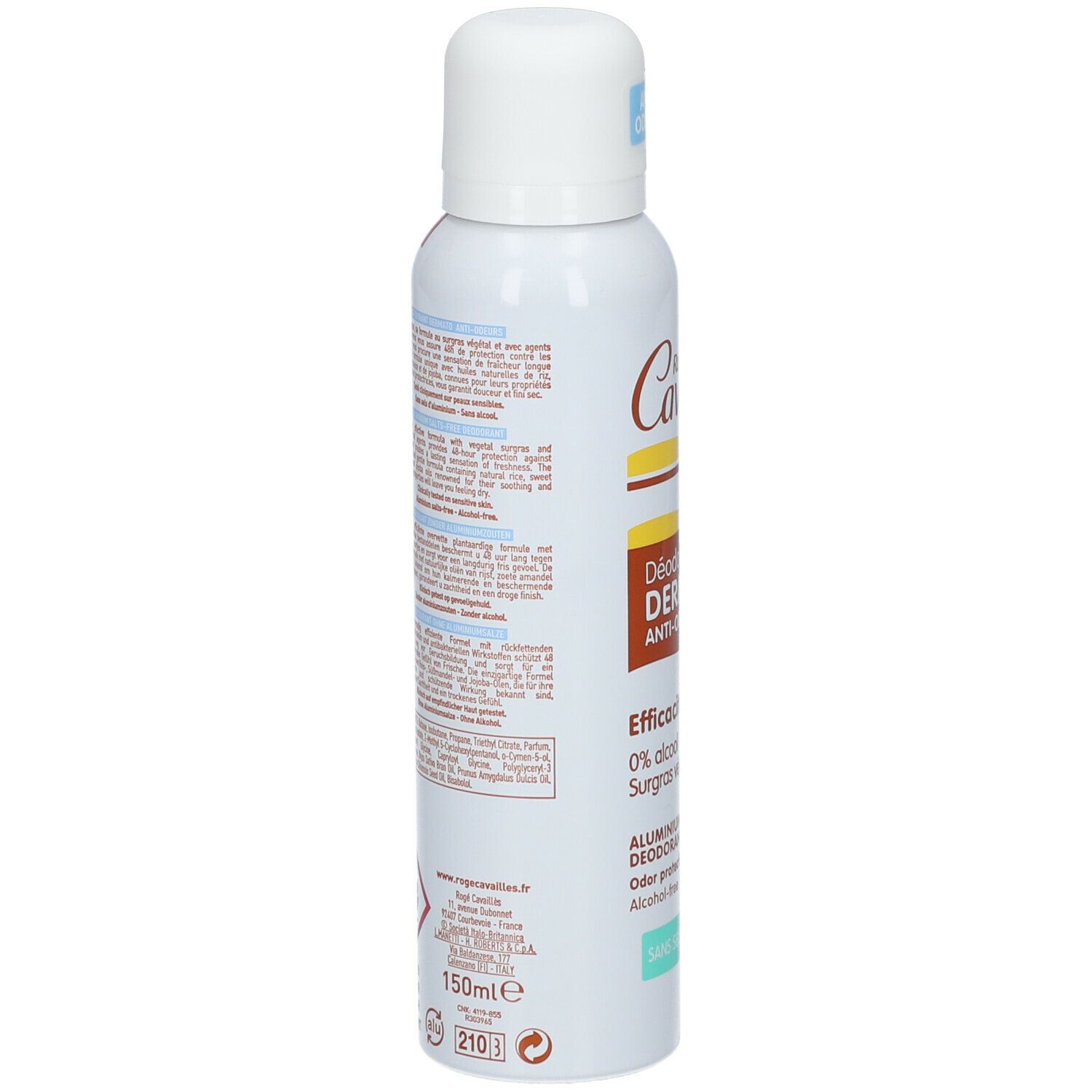 Deodorant-Spray, weiße Dose mit Text. Aufschrift: Rogé Cavaillès. Rückseite mit Text. 150ml. Aluminiumsalzfrei. Alkohol-frei. Ohne Surgras végétal.