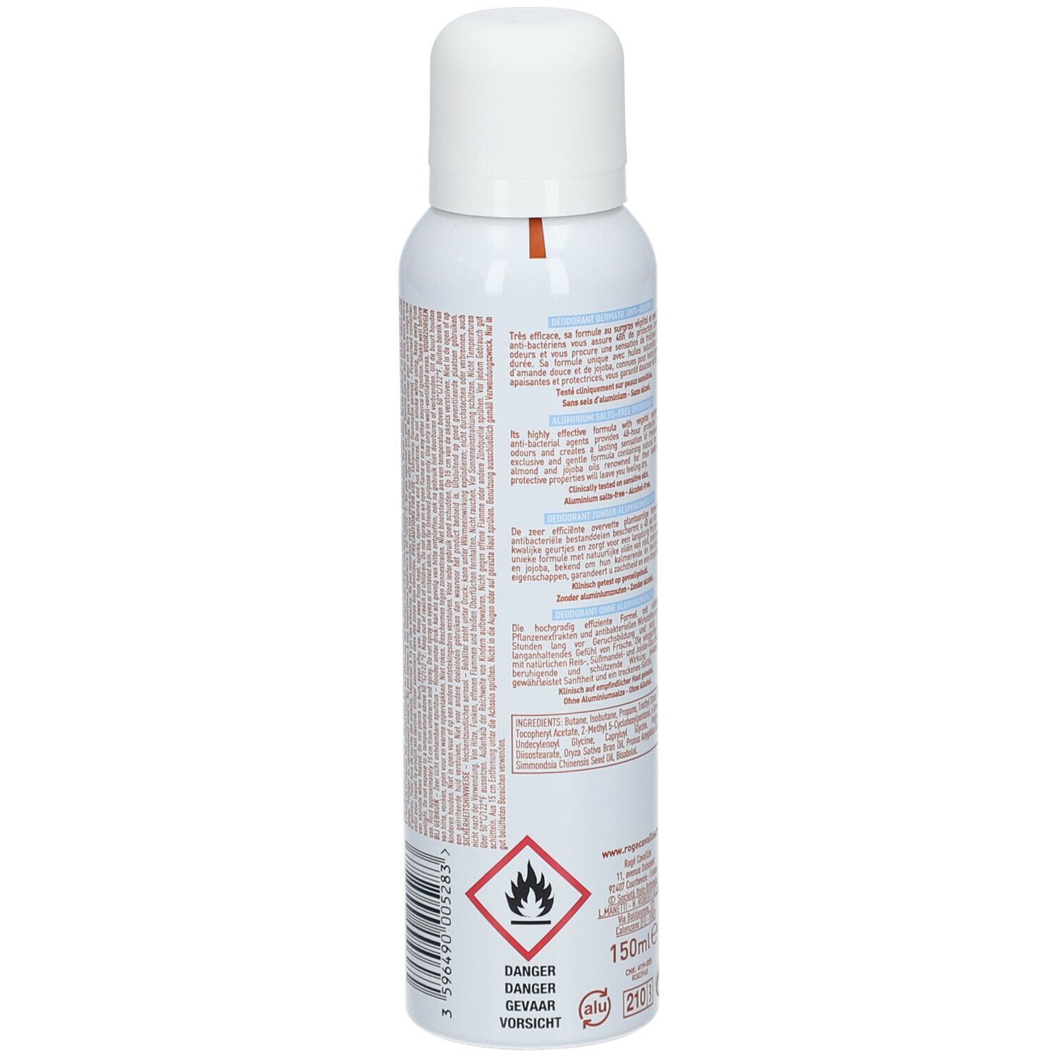 Deodorant-Spray, weiße Dose mit Text. Aufschrift: Rogé Cavaillès. Rückseite mit Text. 150ml. Gefahrensymbol. Entzündlich.