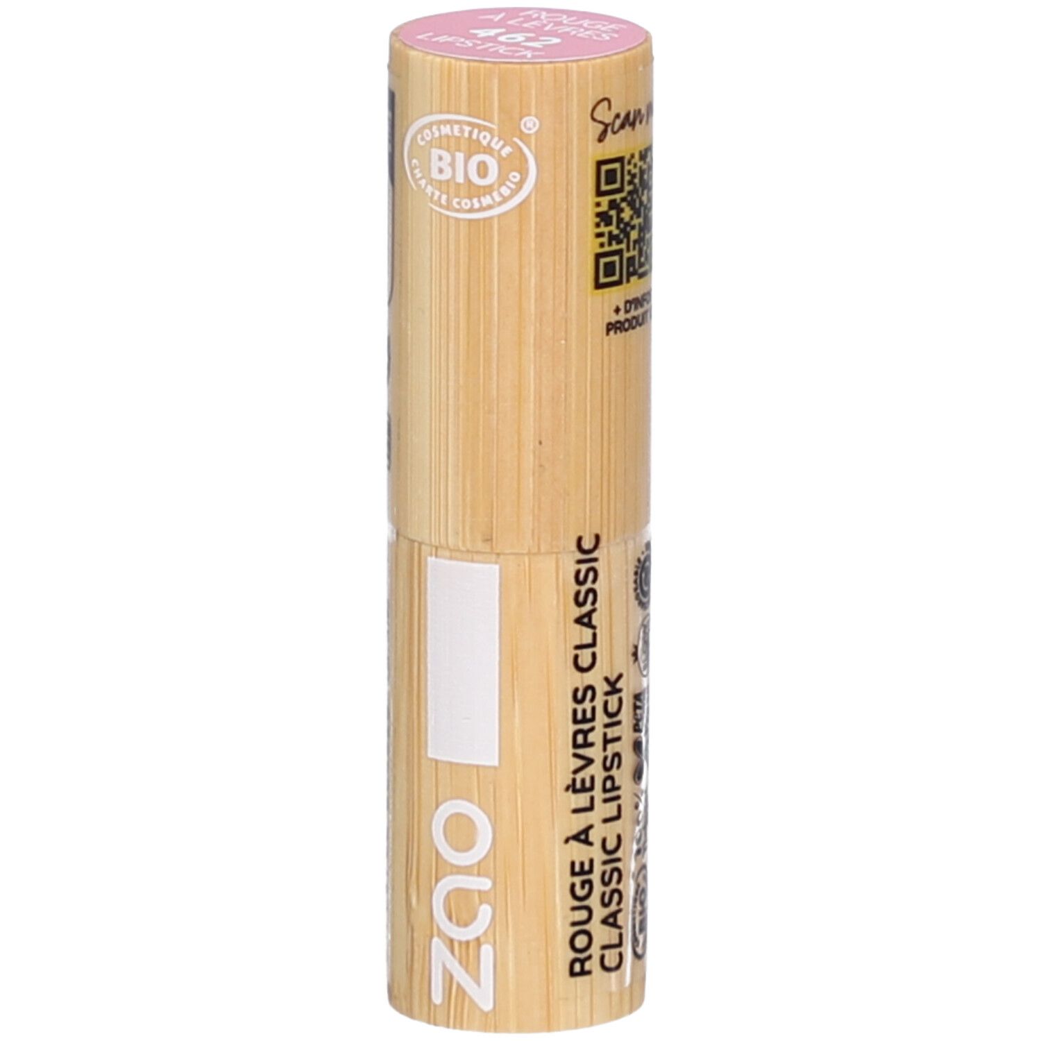 Lippenstift in Bambushülse. Oben rosa, unten weiß. Aufschrift: ZAO, Rouge à lèvres classic. QR-Code.