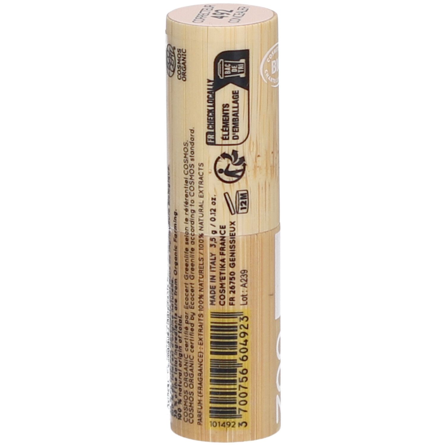 Concealer-Stift aus Bambus. Aufschrift. Made in Italy. Bio-Zertifizierung. Text über Inhaltsstoffe und Herkunft.