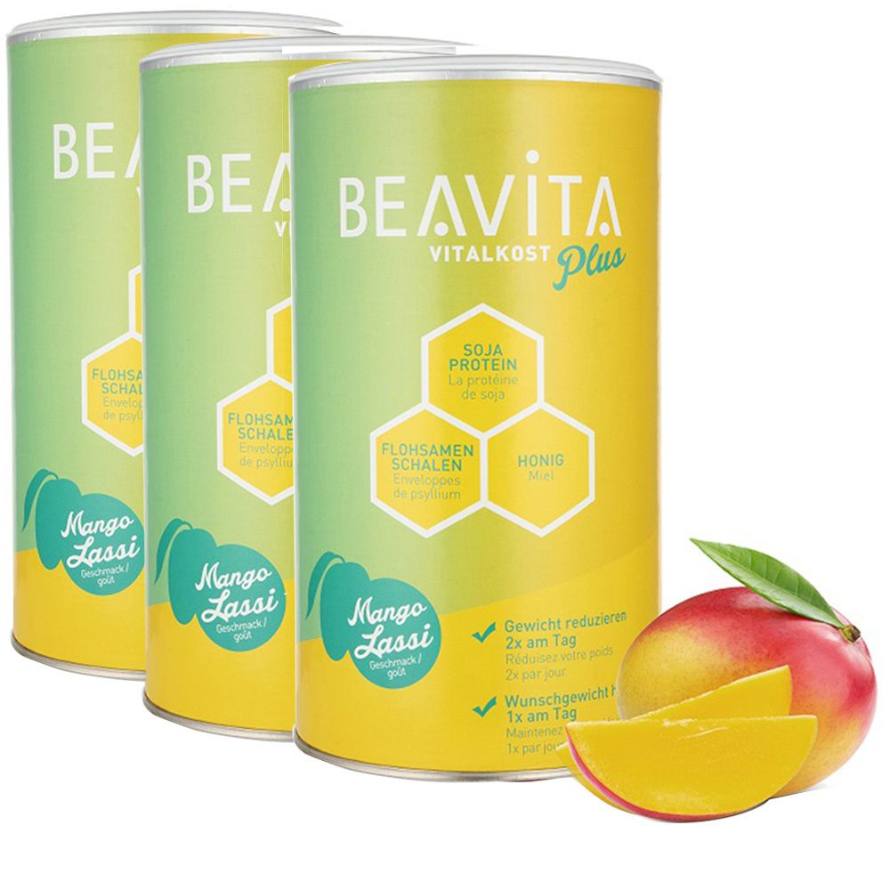 Drei Dosen BEAVITA Vital-Shake Mango Lassi. Gelb-grüne Verpackung mit Produktinformationen und einer Mango daneben.