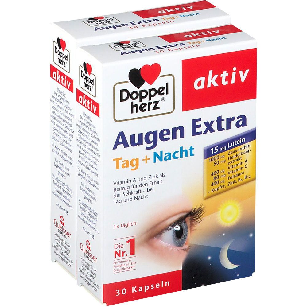 Verpackung von Doppelherz aktiv Augen Extra Tag + Nacht. Enthält 30 Kapseln. Aufschrift: Augen Extra Tag + Nacht, Vitamin A und Zink.