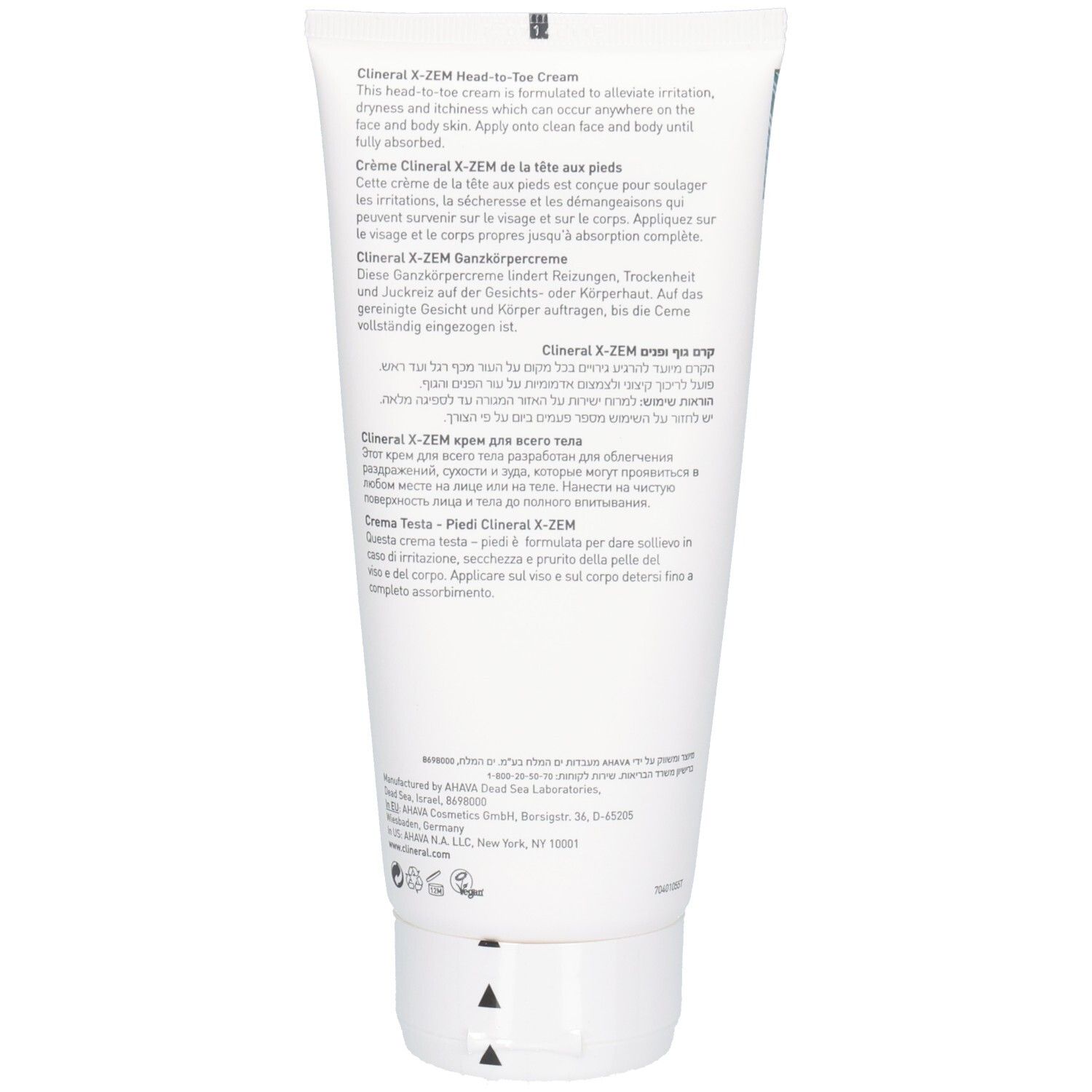Rückseite der Creme-Tube Clineral X-ZEM Head-to-Toe. Text in mehreren Sprachen, schwarze Schrift auf weißem Grund.